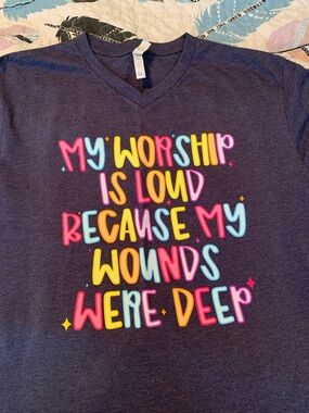 Women’s Navy V-Neck Short Sleeve Tee with Multicolor Lettering
